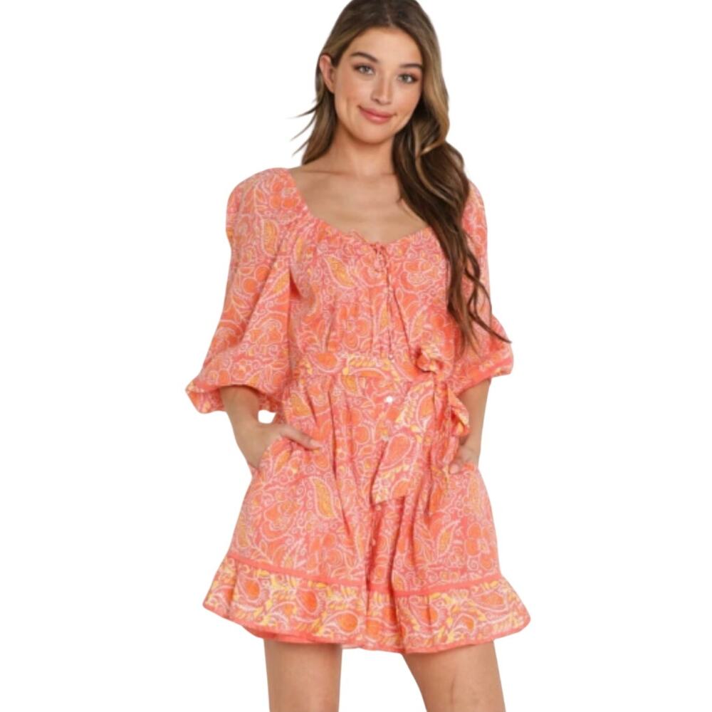 Cleobella Grace Mini Dress Blossom Block Print Belted Orange White Size Medium